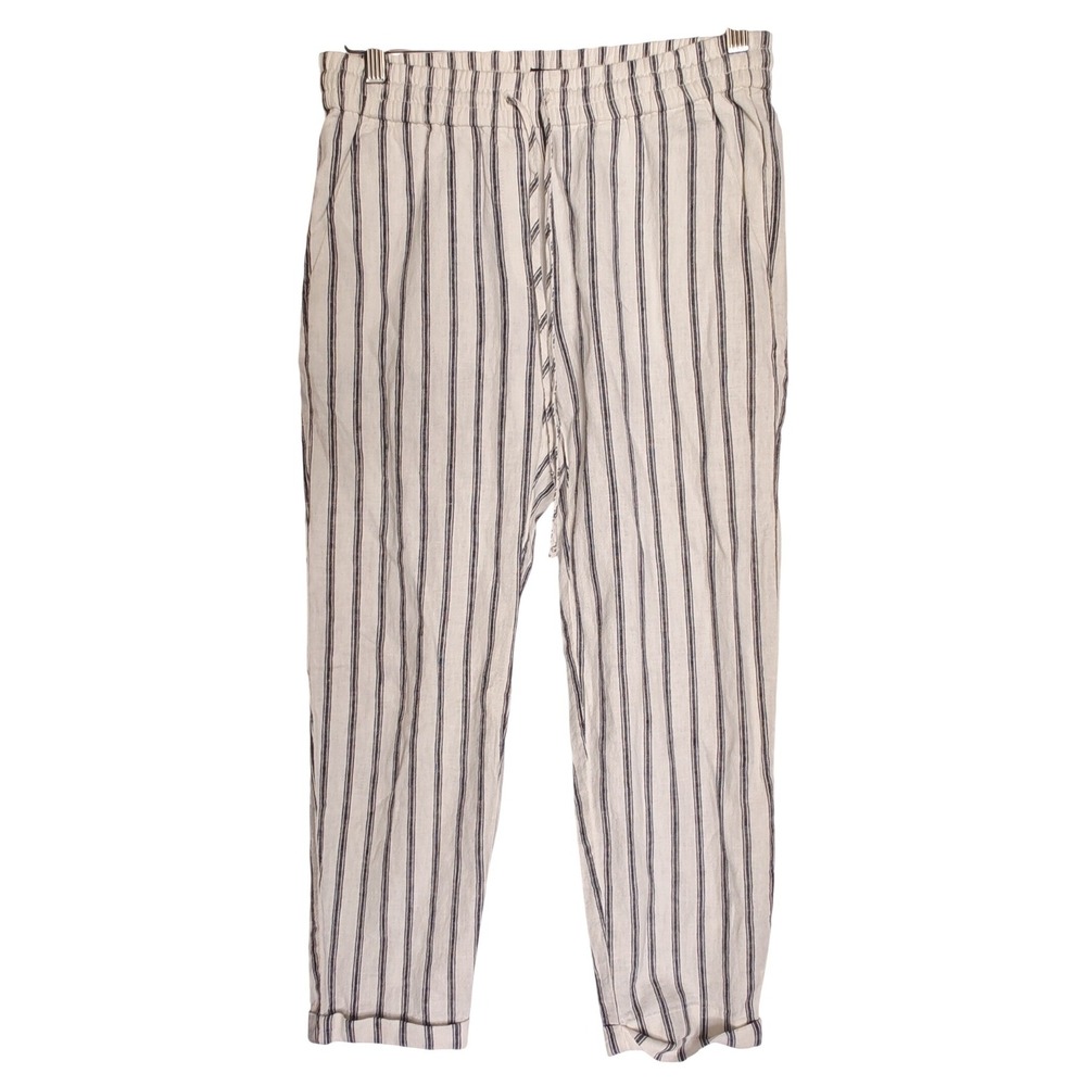 J. Crew Striped Pants Cotton‎ Linen Midrise Pullon Tapered Straight Soft White 2